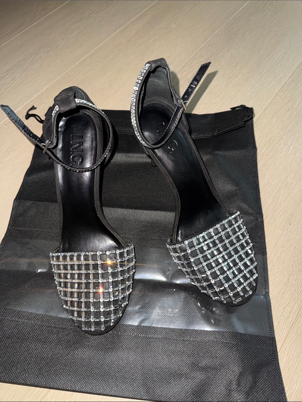 INC International Concepts Black Crystal Grid Ankle-Strap Heels